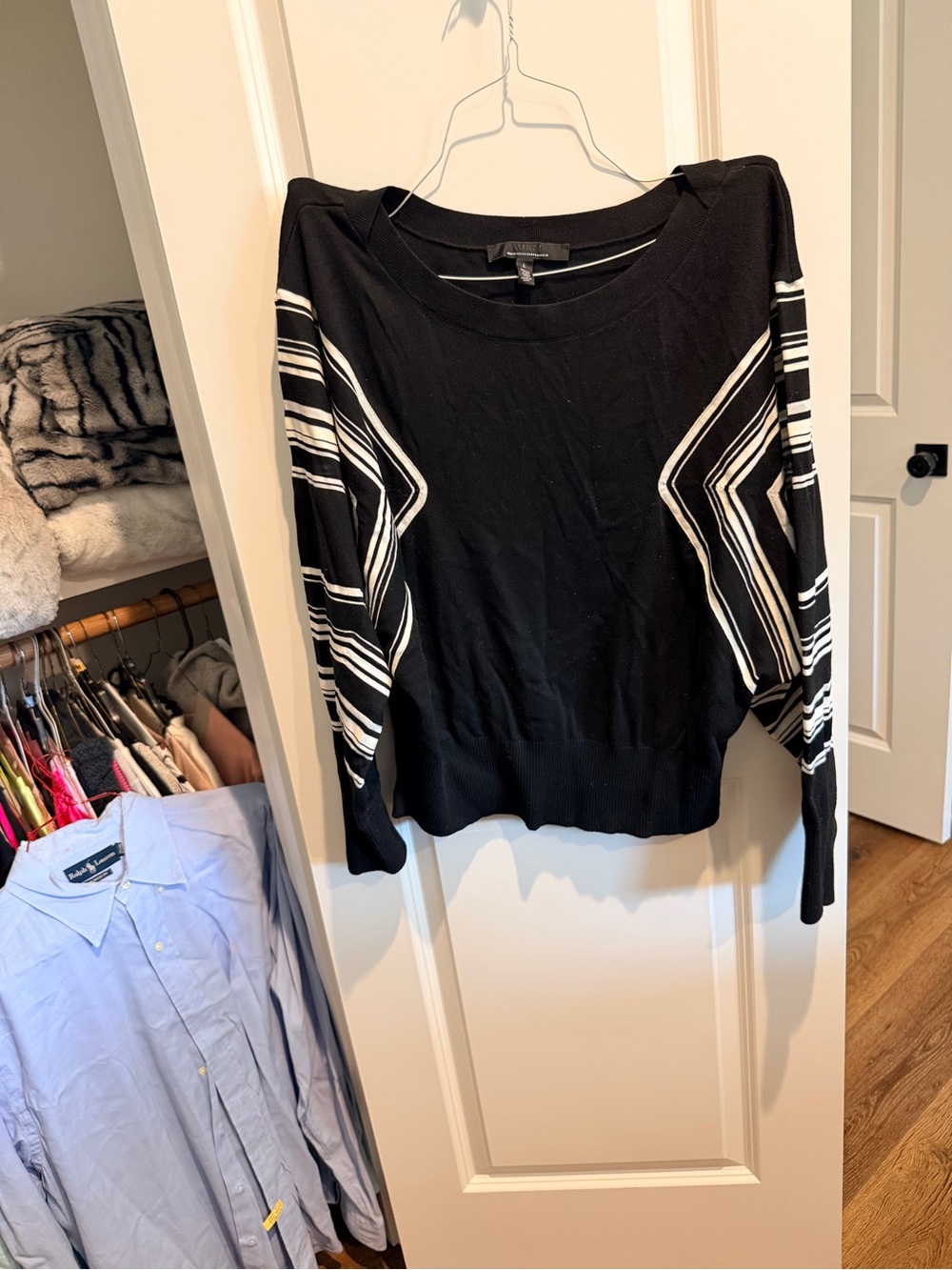 White House Black Market Black Sweater with White Sleeve Stripes